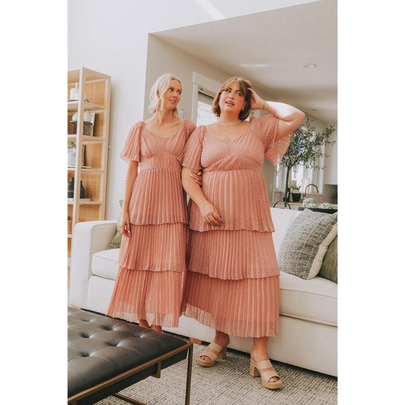 EXCLUSIVE Warm Wishes Dress - V Neck Short Flutter Sleeves Midi Length Summer Dress in Swiss Dot Material in Blush, Light Blue, Dark Burgundy, or Hunter Green XS-6XL