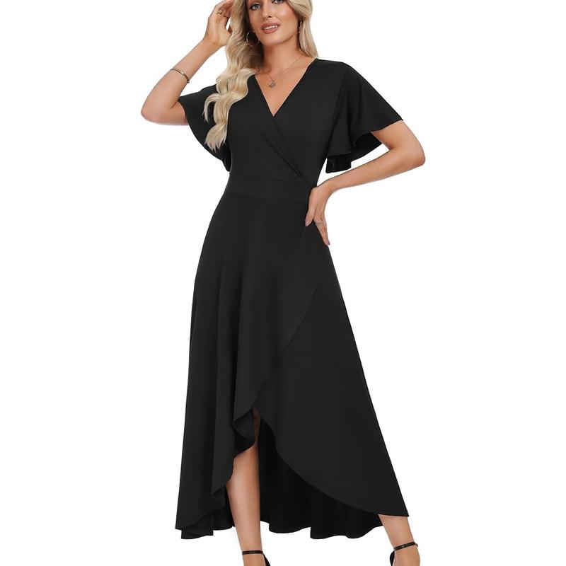WEACZZY Women's Cotton V-Neck Ruffle Sleeve Wrap Maxi Dress - Comfortable, Split, Elegant, Casual, Red - Wedding Guest Outfit (Gia Lover Style, 2026 NFR Outfits) | Elegant Dresses for Women