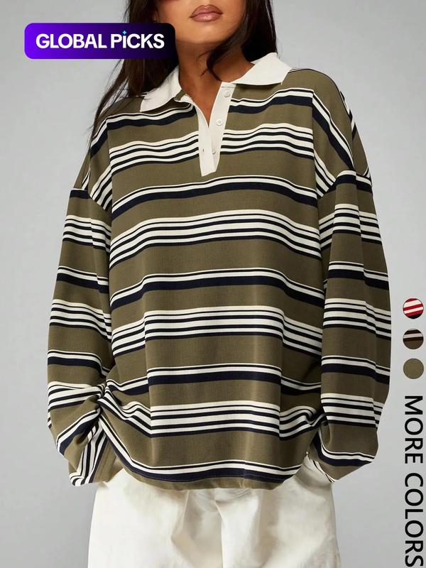 Vintage Casual Comfortable Stylish Loose Fit Striped Collared Long Sleeve Women's T-Shirt for Daily Commute and Dating
