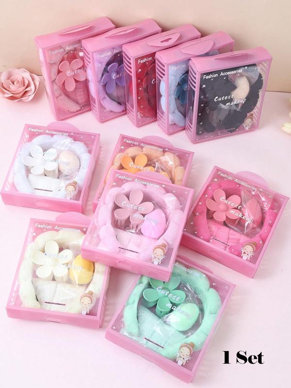 5 Pcs Girls Makeup Sponge & Spa Headband & Wristbands with Large Flower Hair Claw Clip, Hair Accessories Gift Set with Delicate Box, Suitable for Party & Daily Use