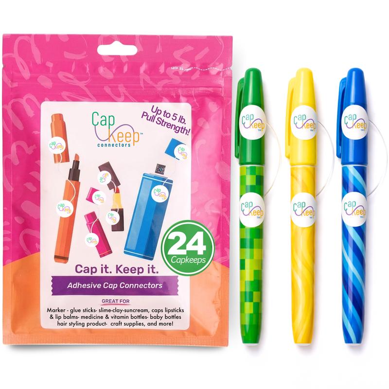 CapKeep 24 Pack Cap Saver | Flexible Adhesive Connectors for Pens, Markers, Cosmetics & Bottles - Stretchy Lid Keeper