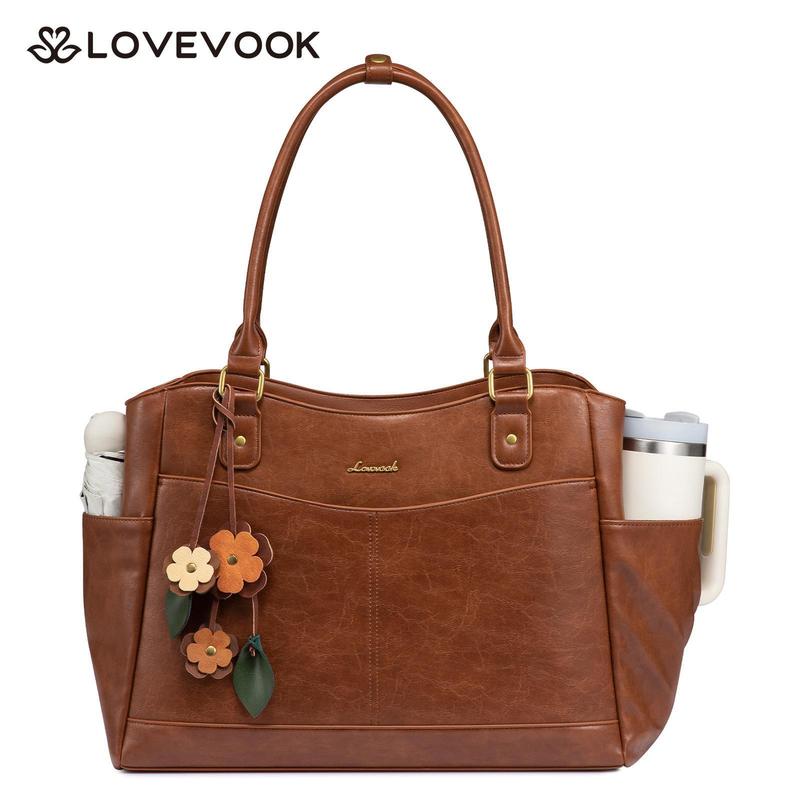 LOVEVOOK Women's Leather Laptop Bag with Large Cup Holder, Vintage Work Tote for Office & Travel, Thickened Compartment for Computer Protection, Elegant Design for All Occasions,Summervibes