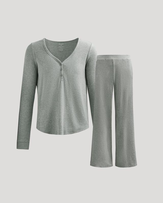 True Classic Womens Waffle Knit Henley & Wide Leg Pant Set  Soft Modal-Cotton 2-Piece Loungewear, Cozy Long Sleeve Top & Relaxed Pants