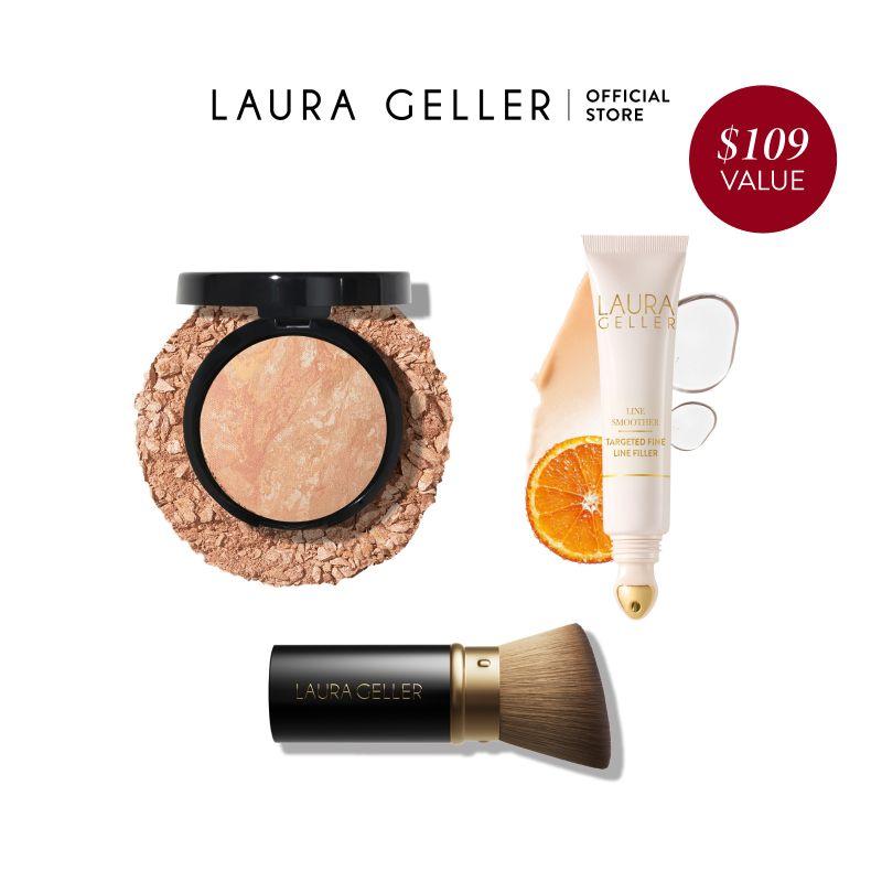 Laura Geller Line Smoother Full Face Kit 3PC with Baked Balance-n-Brighten Foundation & Retractable Kabuki Brush for Smooth Natural Finish - Makeup, Set