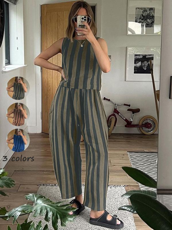 Women's Summer New Cotton Striped Set Suits, Sleeveless Crop Top & Wide Leg Pants, Casual Loose Fit, Beach Travel Vacation Wear, Womenswear