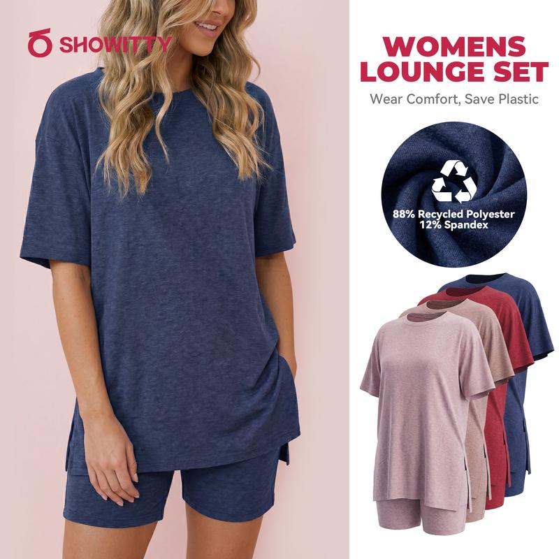 SHOWITTY Womens Lounge Set – Short Sleeve Crew Neck Top and Shorts Set, 88% Recycled Polyester Pajama Outfit with Side Pockets, Soft Stretch 2 Piece Outfit #Summervibes