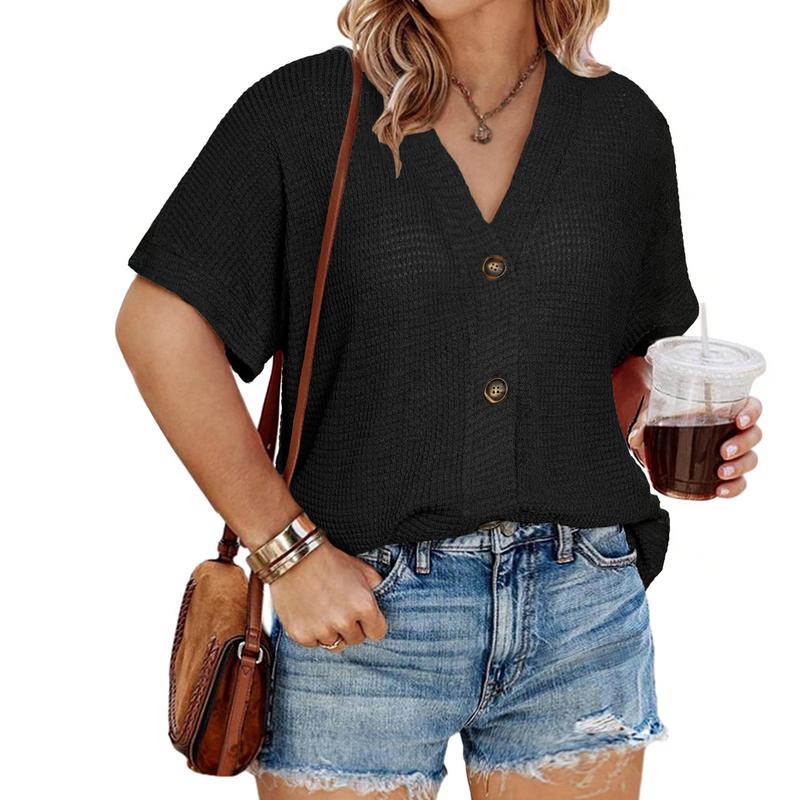 Eytino Womens Plus Size Tops Casual V Neck Short Sleeve Waffle Knit Button Down Shirts(1X-5X)
