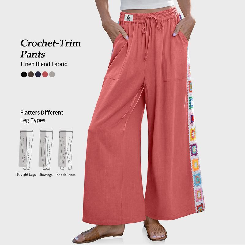 【SS26 Collection】TARSE Womens Wide Leg Linen Blend Pants Summer Travel Casual Drawstring Loose Boho Beach Lounge Palazzo Crochet Panel Pant with Pocket