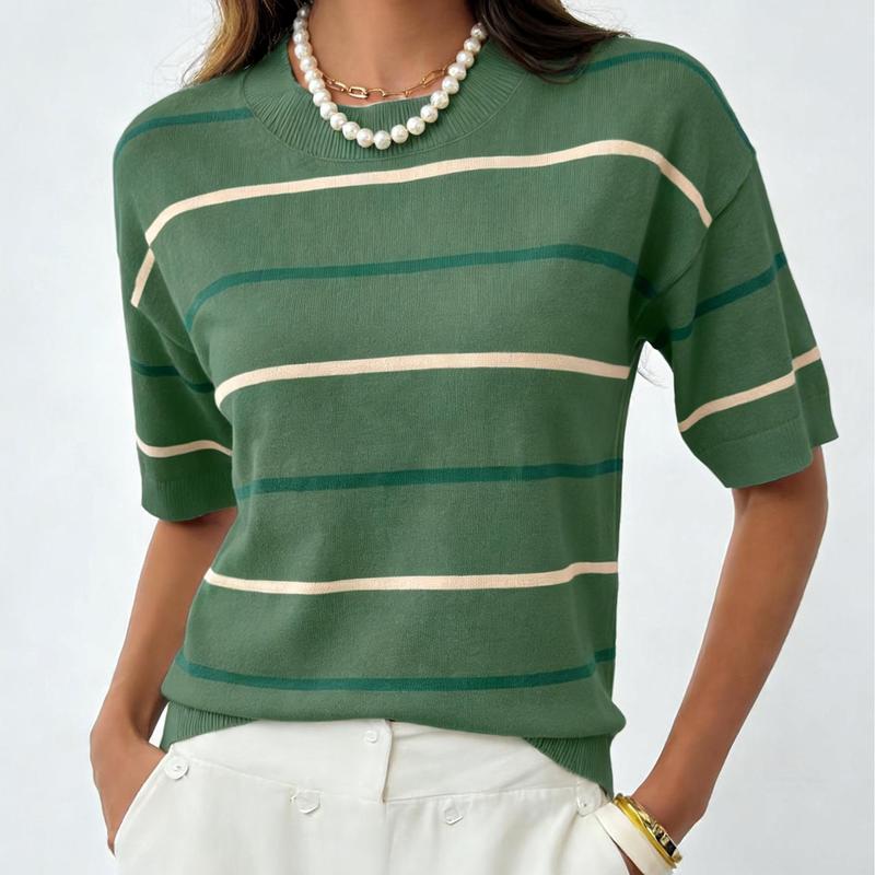 Shewin 2026 SummerVibes Women's T-Shirt - Round Neck, Short Sleeve, Polyester Striped, Breathable Top for Daily Wear | Women's Clothes, Shortsleeve