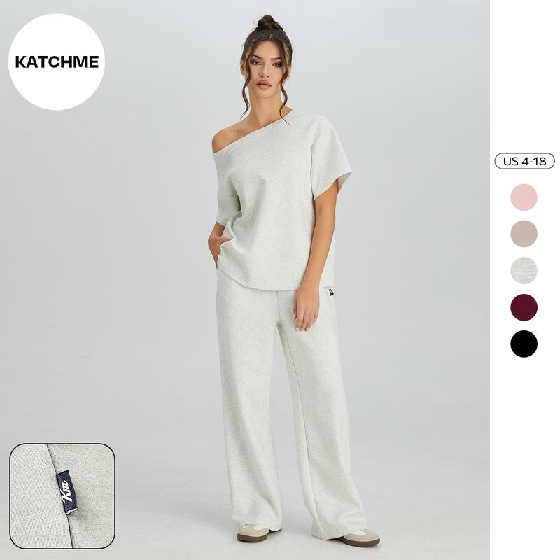Katch Me Chic Women's Casual Solid Color Sloping Shoulder Short Sleeve Top & Drawstring Waist Wide Leg Trousers Co-ord, Minimalist Womenswear, Basic Anti-Pilling Two Piece Sets