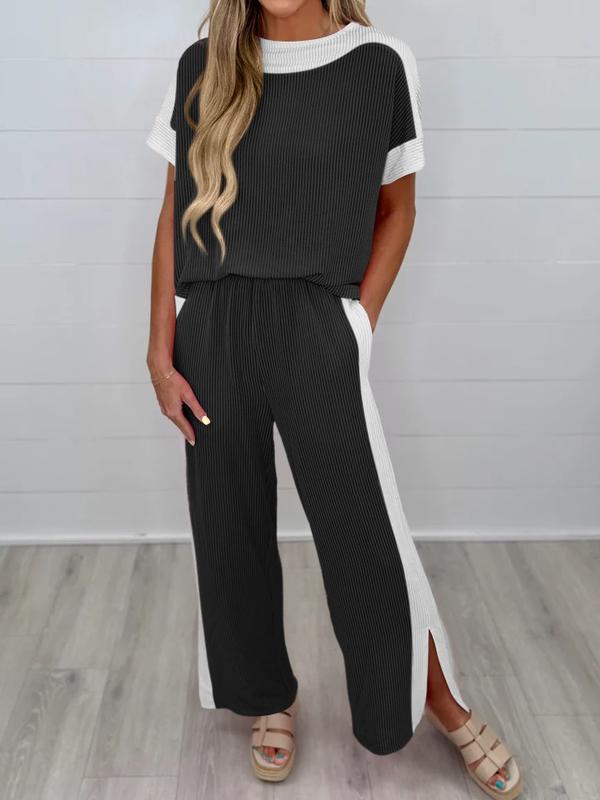 Fisoew Women’s Ribbed Two Piece Outfit Color Block Short Sleeve Top & Wide Leg Pants Set with Pockets