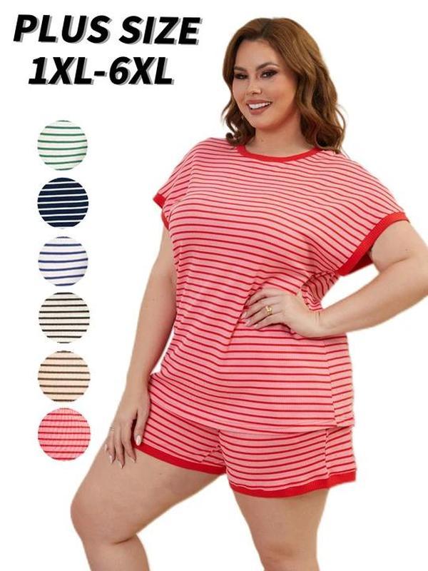 【PlusSize】Women's Cotton Pajama Sets 2-Piece Lounge Set, Stripe Short Sleeve Comfy Pj Set, Spring/Summer Loungewear Sleepwear with Pockets, Women's Loose Shortsleeve Casual Medium Homewear| plus size fashion