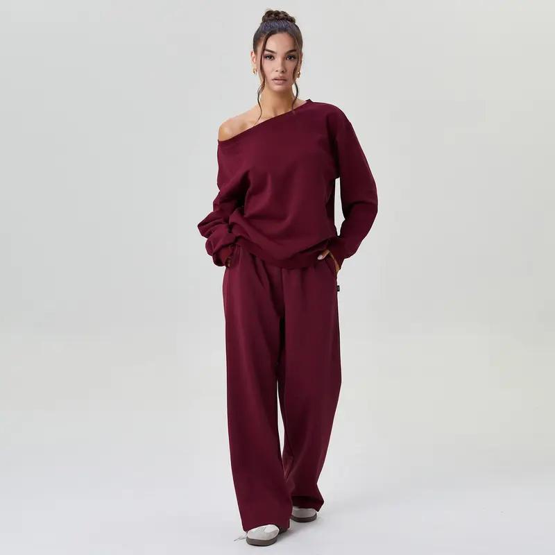 Women's 2-Piece Casual Loose Fit Clothing Set, Overall Leisure Solid Color Off-Shoulder Longsleeves Top & Comfortable Wide Leg Trousers Basic Womenswear