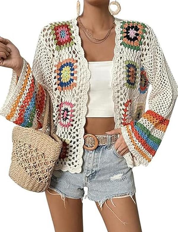 IDEALSANXUN Floral Crochet Cardigans for Women Trendy Spring Summer Hollow Out Open Front Boho Cardigan Sweater Tops Shrug sale lace lover granny square Vintage Tribal Knit Cardigan with Belt Casual Long Sleeve