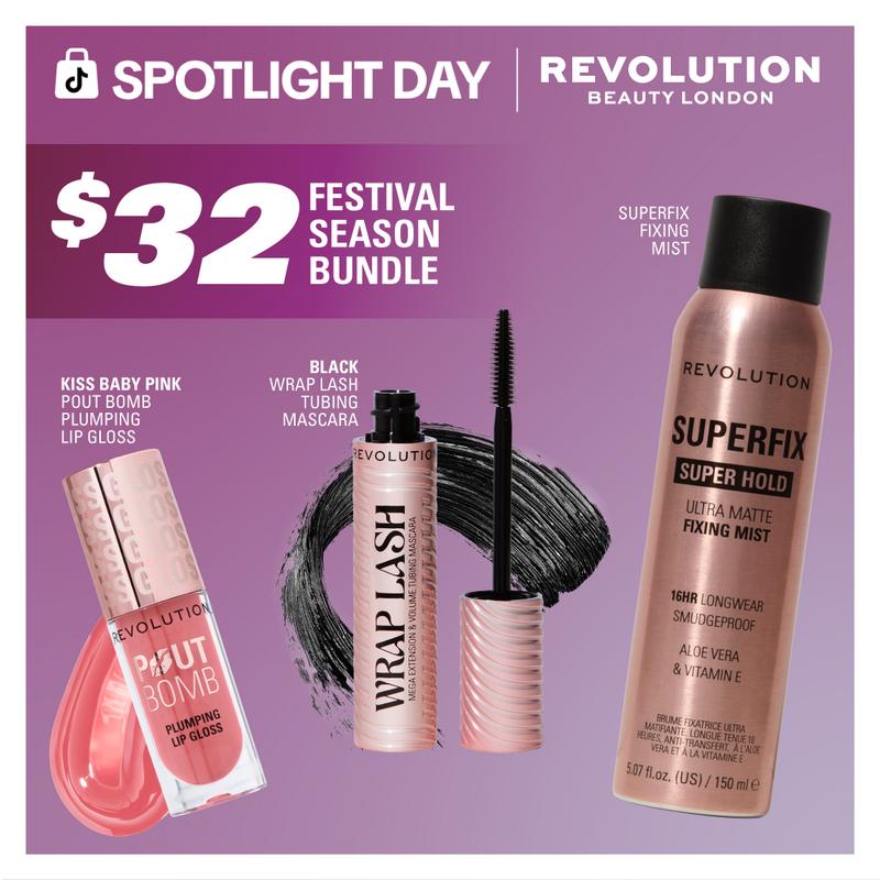 Revolution Festival Season Bundle: includes the Pout Bomb Plumping Gloss, Wrap Lash Tubing Mascara, & Superfix Misting Setting Spray