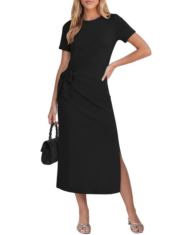 GRAPENT French Minimalist Chic Midi Dress | Cotton Blend T-Shirt Dress with Side Split & Self Tie Waist | Effortless Elegant Summer Vacation Outfit for Women summervibes outdoorfun