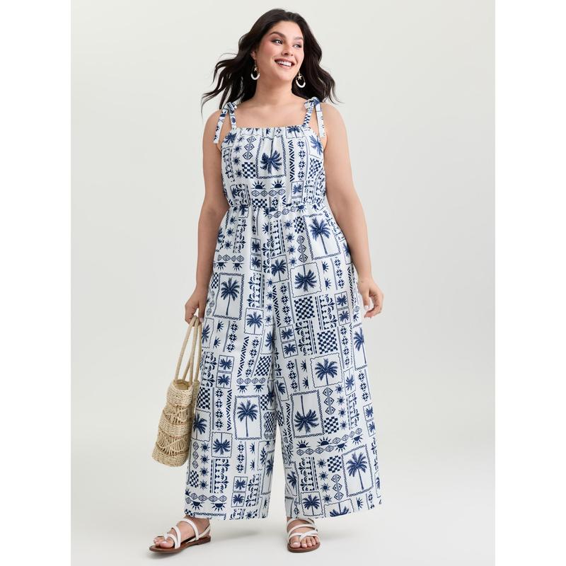 BLOOMCHIC Plus Size Jumpsuit , Tropical Print Overalls with Shoulder-Tie Knot Sleeve ,Wide-Leg Jumpsuit, [M-6X]2026 Summer Vibes Swimweek