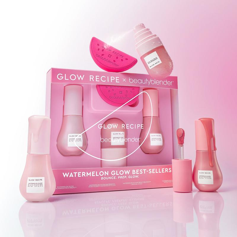 Glow Recipe Korean Watermelon Glow Best-Sellers Skincare Set - Limited Edition Beautyblender, Moisturizer for Hydrate, Dewy Glowy Skin