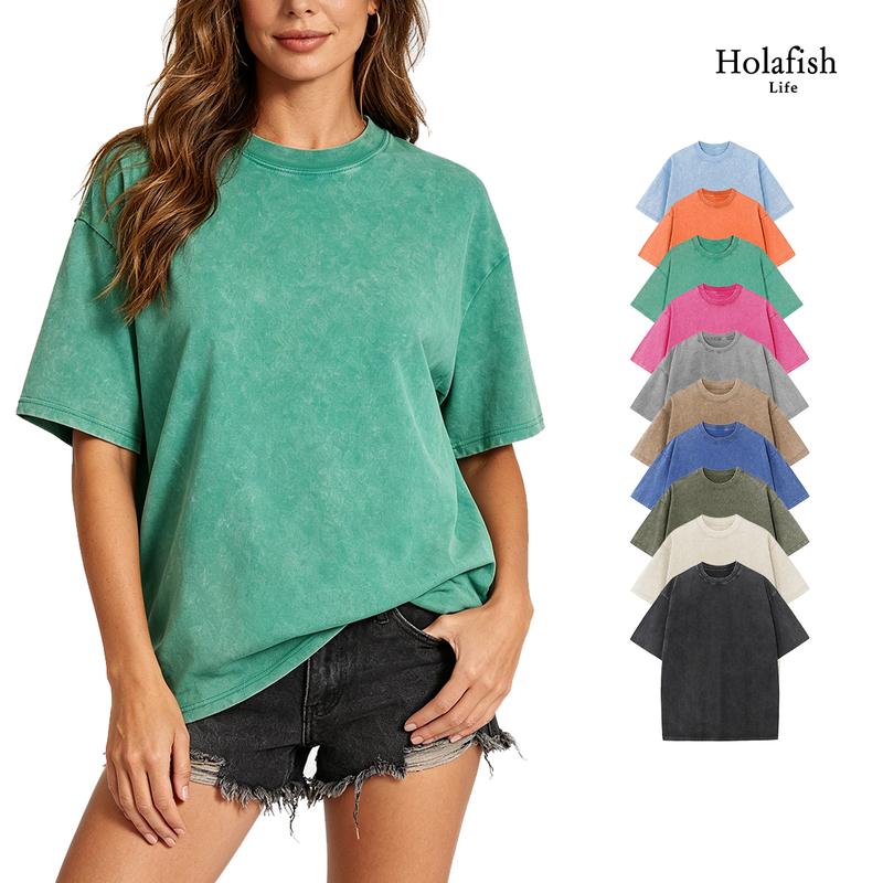 Holafish Acid Washed Tshirt Casual Cotton Unisex Tshirts for Women Short Sleeve Crewneck Tops Vintage Washed Basic Loose Casual Tees Street Style Womenswear