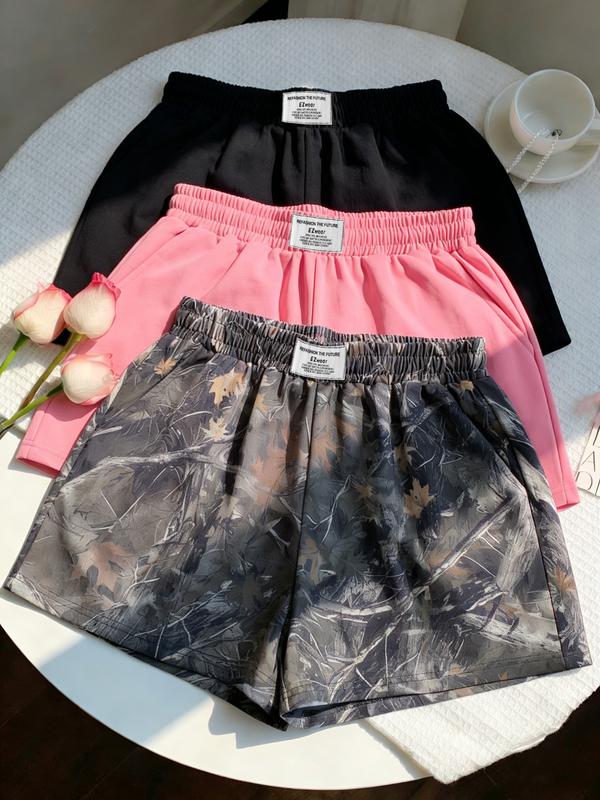 Women's Summer Casual Loose Fit Lightweight Shorts Set, Pure Color & Camouflage Prints, Elastic Waistband Design, Daily Wear Fashionable Bottoms