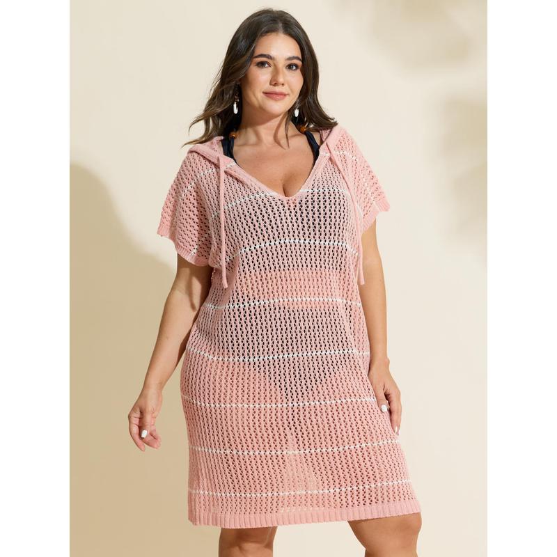BLOOMCHIC Plus Size Tunic Length Cut-Out Hooded Drawstring Swim Cover-Up, M-6X Sizes, 2026 Summer Turn-Up Pick for Mother's Day 2026 Summer Vibes Swimweek