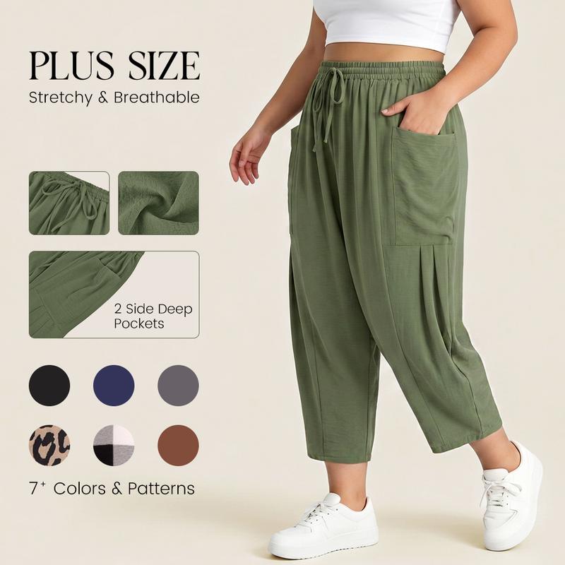 CARCOS Plus Size Pants Summer Womens Wide Leg Knit Palazzo Pants Lounge Ladies Casual Drawstring Harem Fall Pants with Pocket Solid/Leopard/Plaid (XL-5XL)