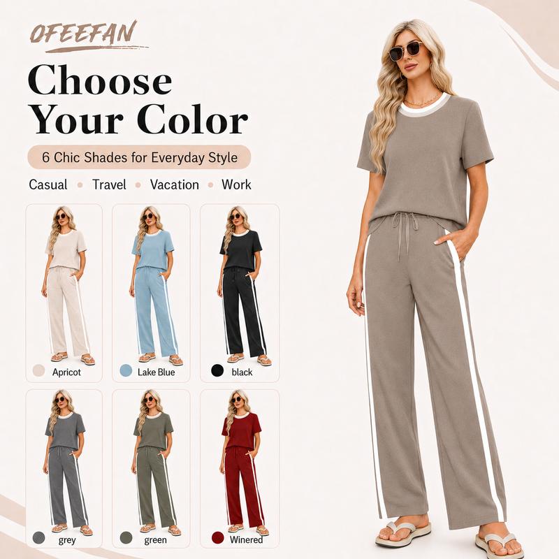 OFEEFAN 2 Piece Lounge Sets for Women Matching Set Summer Outfits Short Sleeve Tops Wide Leg Pants with Pockets