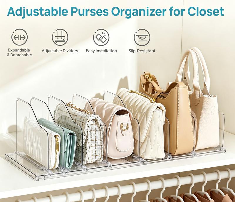 【Purse Station】Vtopmart Free-Adjustable Purse Organizer for Closet with 2 Base, Clear Handbags Storage Organizer, Fits Different Bag Sizes & Closet Shelf, Expandable Plastic Shelf Dividers for Handbags,Wallets,Organization Hacks,mid year sale summerwins