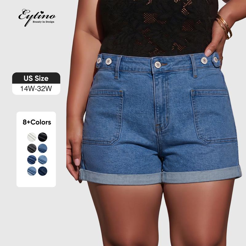 Eytino Women Plus Size Denim Shorts Trendy Stretch High Rise Rolled Hem Summer Casual Jean Shorts with Pockets(1X-5X)