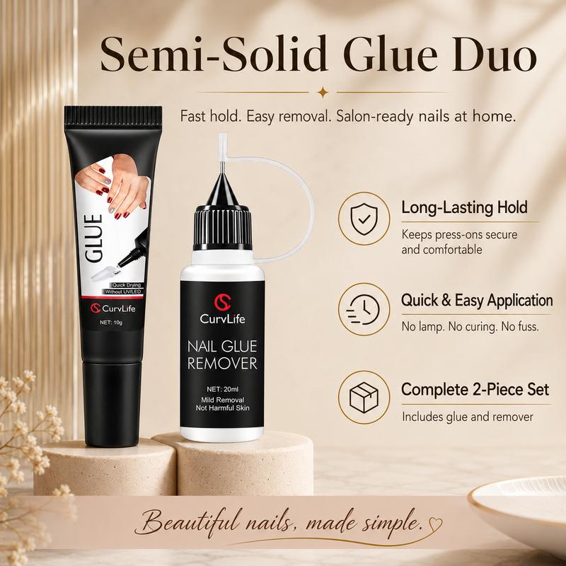 CurvLife Nailora Semi-Solid Nail Glue & Remover Kit – 10g Strong-Hold Press-On Nail Glue with 20ml Nail Glue Remover, Quick-Dry, No UV Lamp Needed, Easy Application, Gentle Removal, Beginner-Friendly Set for Press-On Nails
